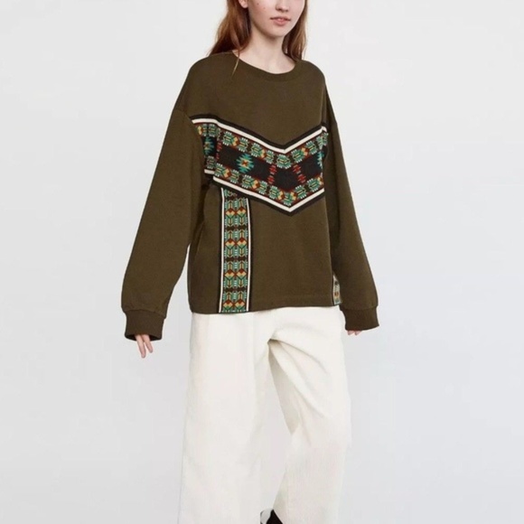 Zara Tops - Zara Embroidered Ethnic Khaki Aztec Sweatshirt Top
